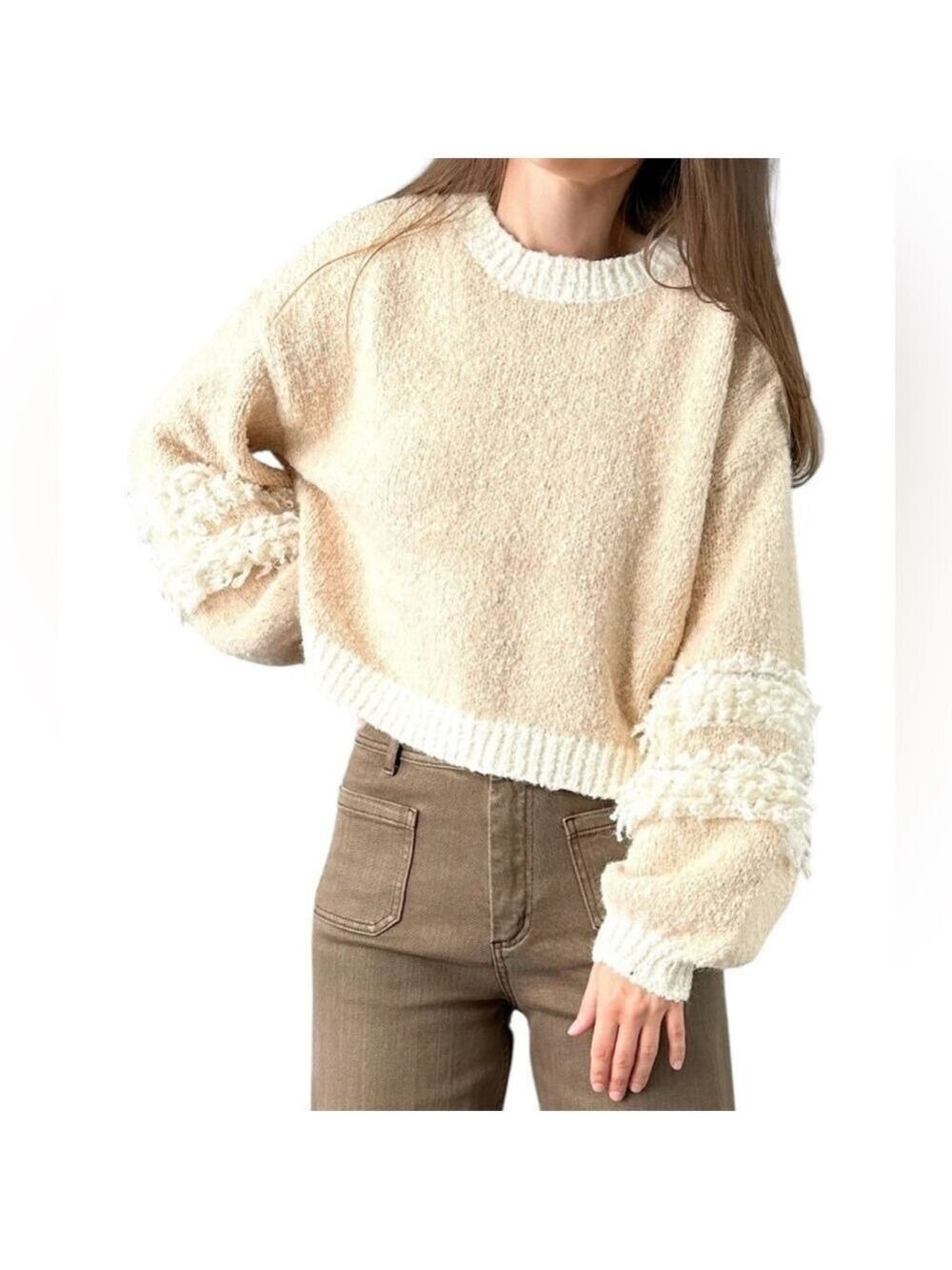 debut Cropped Bubble Sleeves Eyelash Fringe Crewneck Sweater Oversized Drop S-M